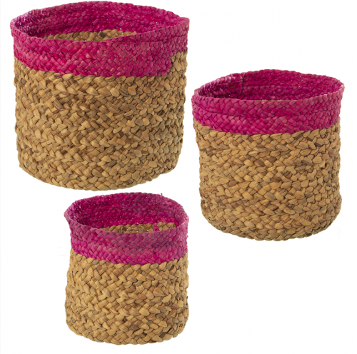 imagen principal Set 3 Cestos Paja Natural/fucsia _ø33x32cm Ø29x28cm Ø26x25cm